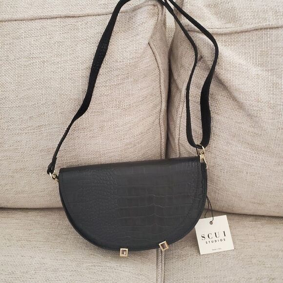 Scui Studios Half Moon Croc Embossed Leather Crossbody Bag in Black - NEW - Picture 5 of 13